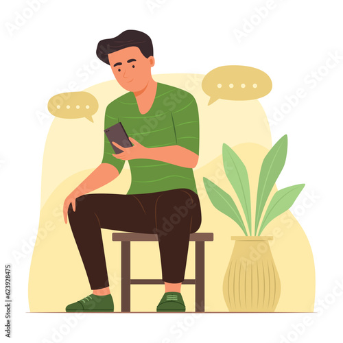 Man Sitting on Stool and Chatting on Mobile Phone Concept Illustration