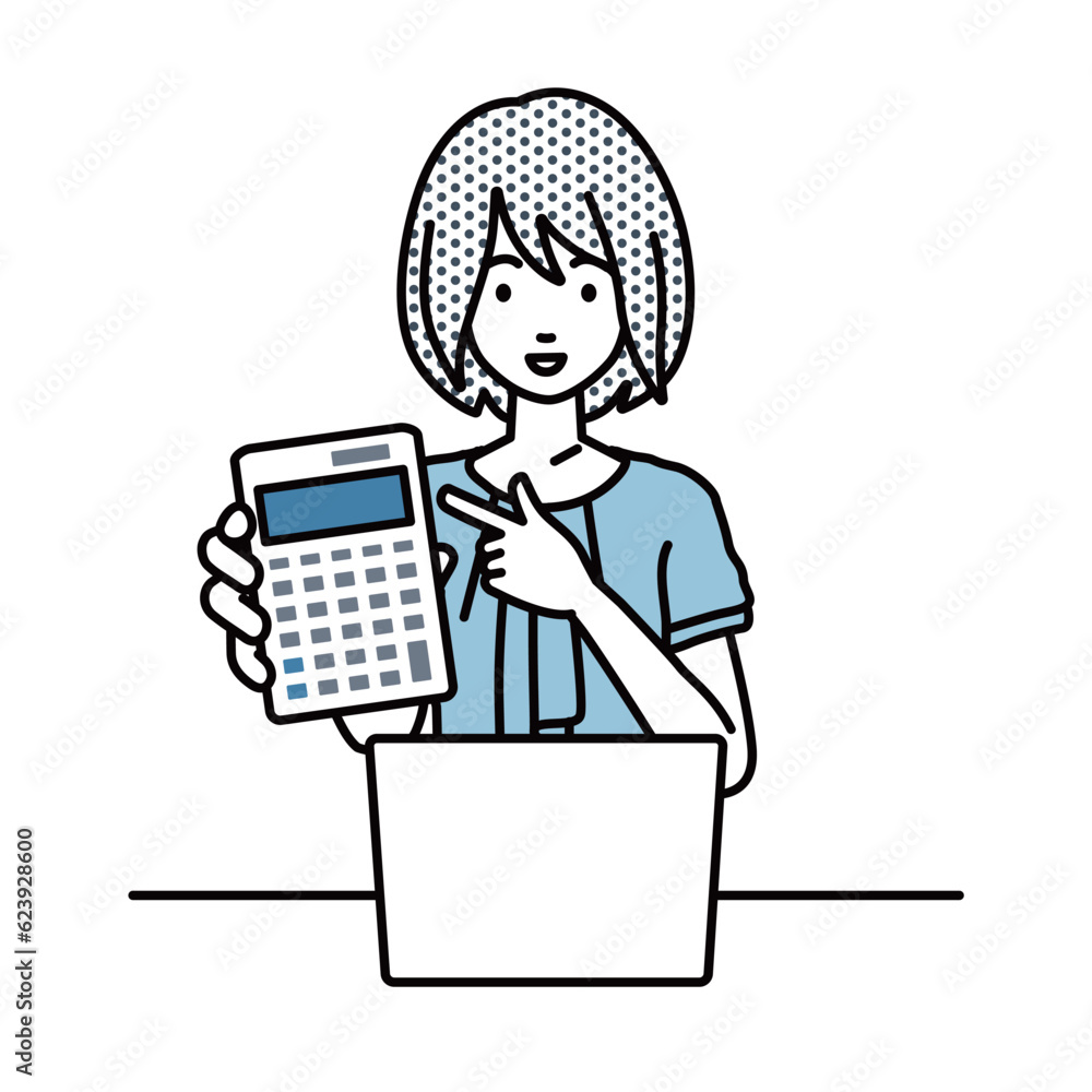 a woman in casual work style recommending, proposing, showing estimates and pointing a calculator with a smile in front of laptop pc a woman in casual work style recommending, proposing, showing estimates and pointing a calculator with a smile in front of laptop pc