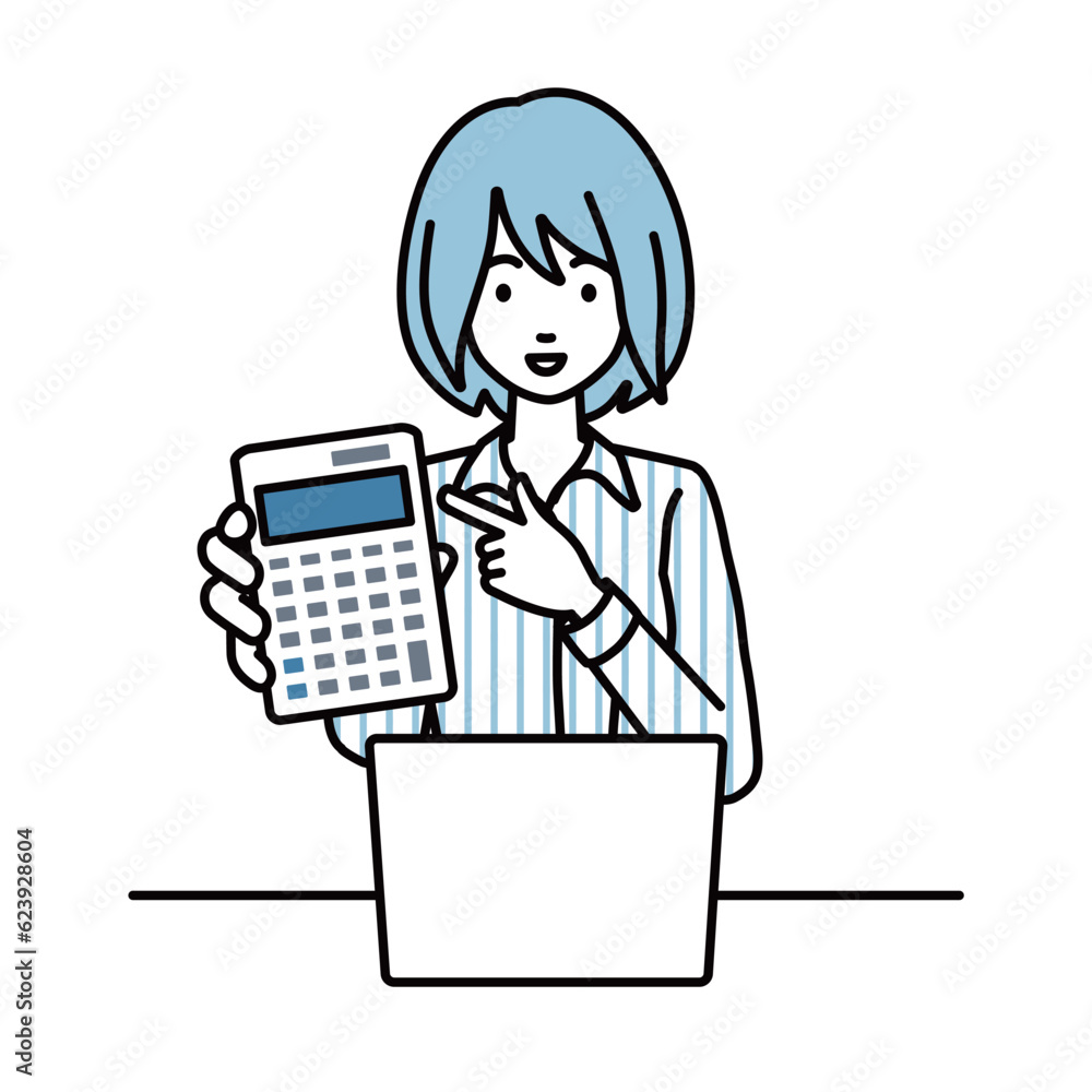 a woman in shirt work style recommending, proposing, showing estimates and pointing a calculator with a smile in front of laptop pc a woman in shirt work style recommending, proposing, showing estimates and pointing a calculator with a smile in front of laptop pc