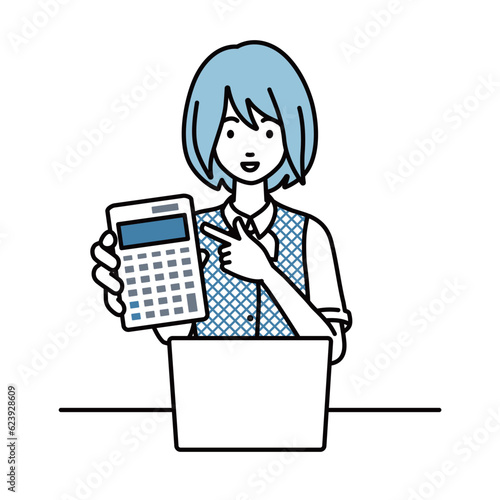 a woman in clerical uniform recommending, proposing, showing estimates and pointing a calculator with a smile in front of laptop pc