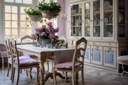 Sunny living room with big bouquet on round table, interior in Provence style. ai generative