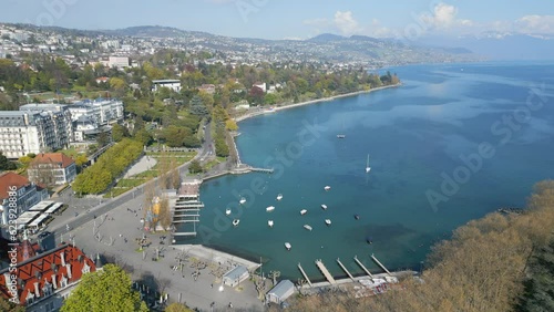 Lake Leman at the city of Lausanne - aerial view by drone