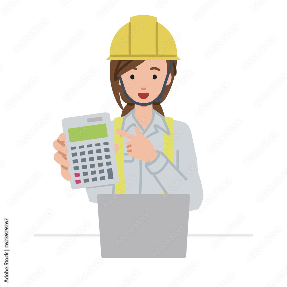 a woman working at construction sites recommending, proposing, showing estimates and pointing a calculator with a smile in front of laptop pc a woman working at construction sites recommending, proposing, showing estimates and pointing a calculator with a smile in front of laptop pc