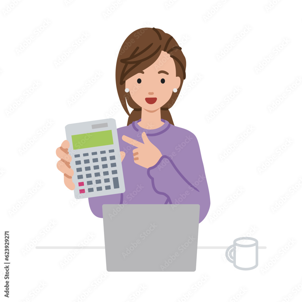 a woman in casual style recommending, proposing, showing and pointing a calculator with a smile in front of laptop pc a woman in casual style recommending, proposing, showing and pointing a calculator with a smile in front of laptop pc