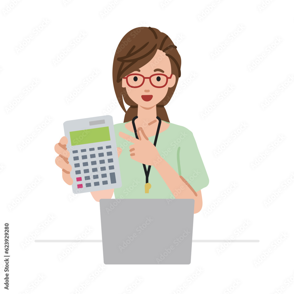a woman teacher recommending, proposing, showing estimates and pointing a calculator with a smile in front of laptop pc a woman teacher recommending, proposing, showing estimates and pointing a calculator with a smile in front of laptop pc