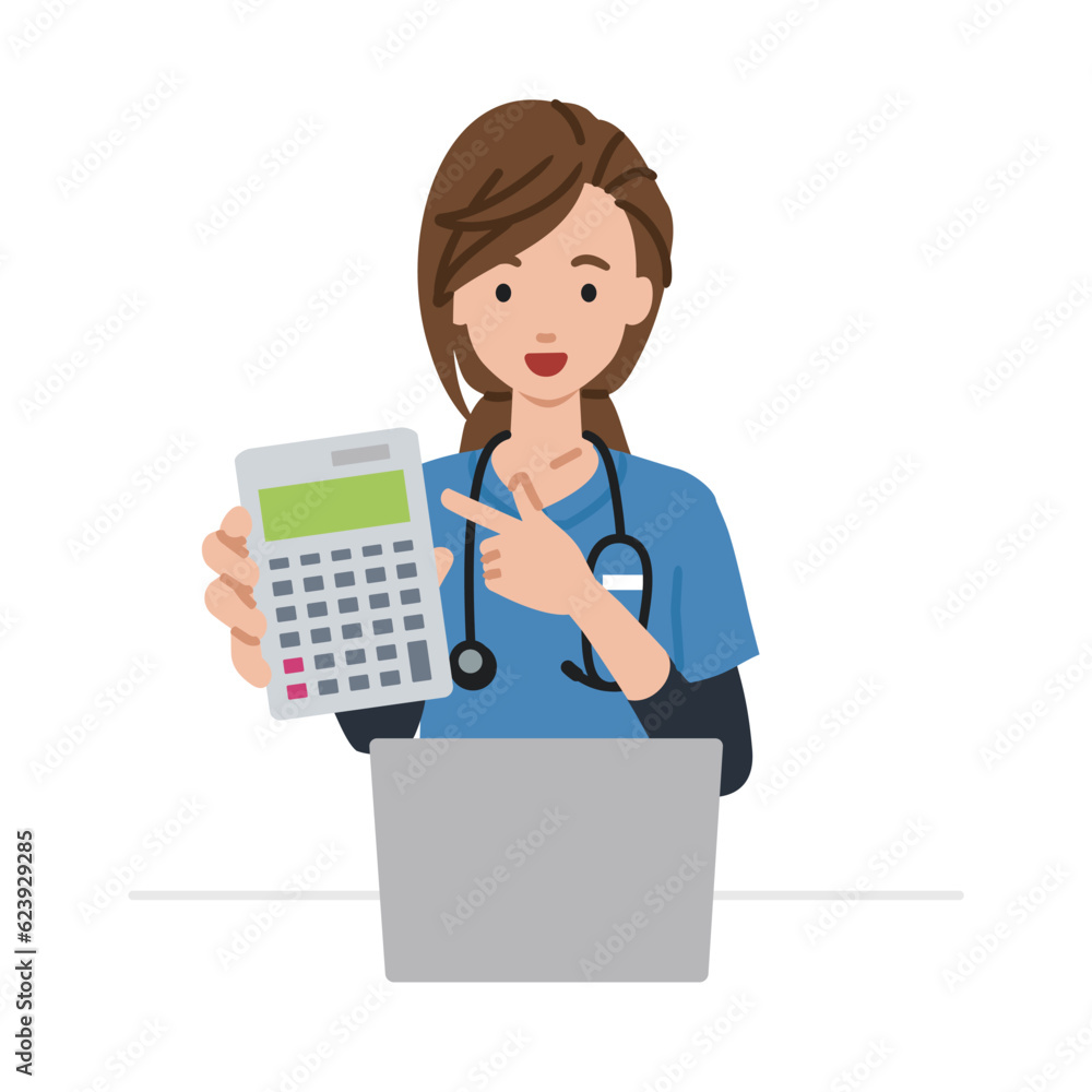 a nurse woman recommending, proposing, showing estimates and pointing a calculator with a smile in front of laptop pc a nurse woman recommending, proposing, showing estimates and pointing a calculator with a smile in front of laptop pc