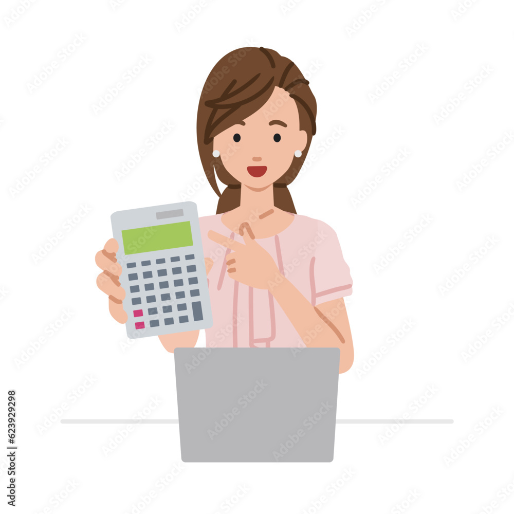 a woman in casual work style recommending, proposing, showing estimates and pointing a calculator with a smile in front of laptop pc a woman in casual work style recommending, proposing, showing estimates and pointing a calculator with a smile in front of laptop pc