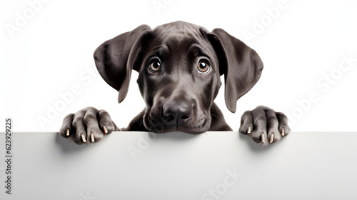 Adorable Great Dane Puppy Peeking Out from Behind White Table with Copy Space. Generative AI.