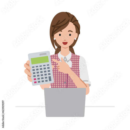 a woman in clerical uniform recommending, proposing, showing estimates and pointing a calculator with a smile in front of laptop pc