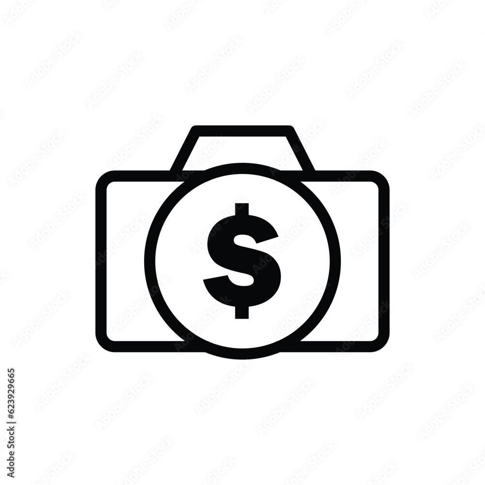 Photo camera with dollar symbol on lens line icon vector. Transaction, money symbol camera icon. Vector illustration outline pictogram for infographic interface or design graphic. Photo camera with dollar symbol on lens line icon vector. Transaction, money symbol camera icon. Vector illustration outline pictogram for infographic interface or design graphic.