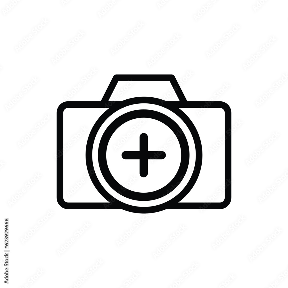 Photo camera with add sign on lens line icon vector. New, add, plus, positive symbol camera icon. Vector illustration outline pictogram for infographic interface or design graphic. Photo camera with add sign on lens line icon vector. New, add, plus, positive symbol camera icon. Vector illustration outline pictogram for infographic interface or design graphic.
