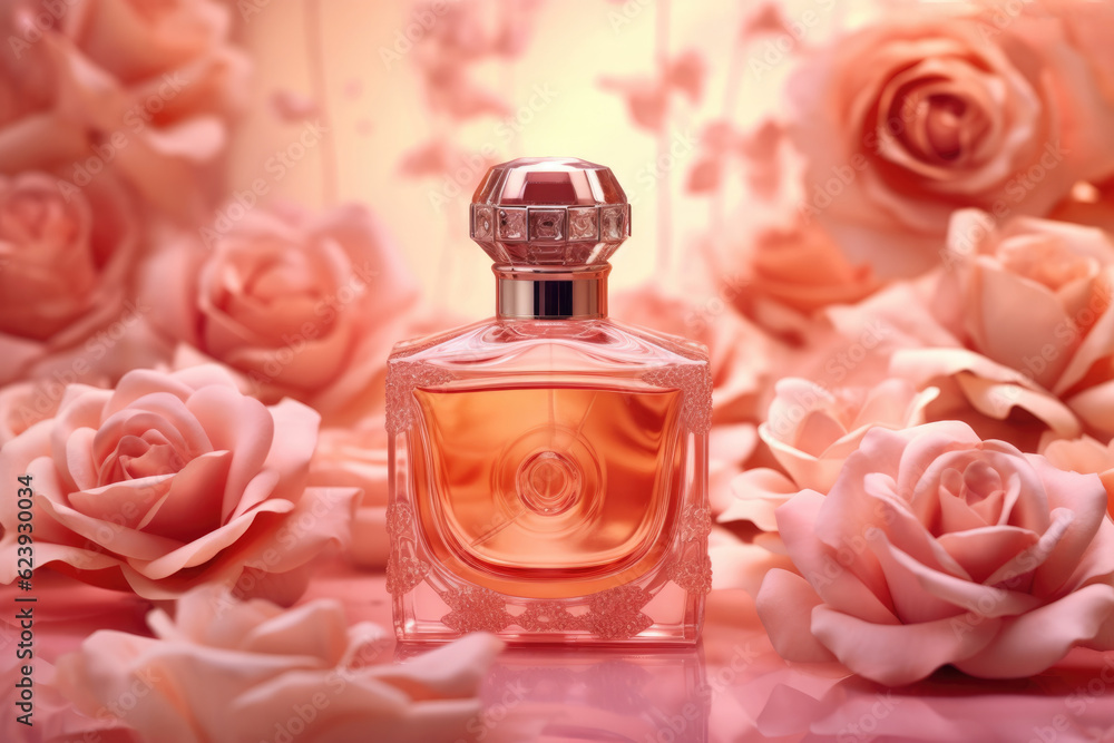 bottle of perfume on a background of pink roses. AI generated bottle of perfume on a background of pink roses. AI generated