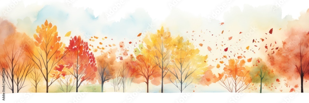 Autumn trees and leaves watercolor on isolated white background. Generative AI