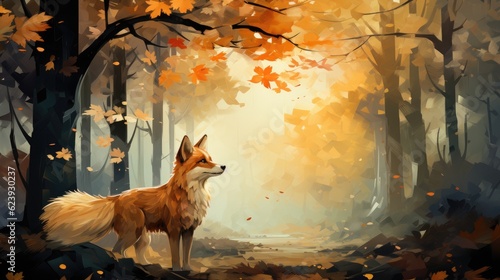 In an enchanting autumn forest, a fairy hovers over a canal. A fox watches, while trees and plants reflect in the river. A beautiful watercolor painting captures this magical moment. Generative AI