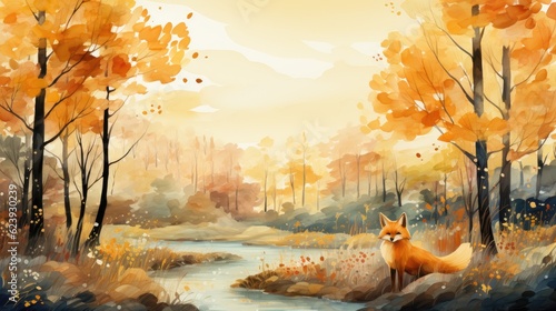 In an enchanting autumn forest, a fairy hovers over a canal. A fox watches, while trees and plants reflect in the river. A beautiful watercolor painting captures this magical moment. Generative AI