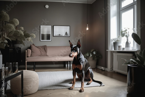 Cute furry pet dog relaxing on a comfortable couch, enjoying a cozy indoor space with its owners and taking a break from the outside world. is AI Generative.