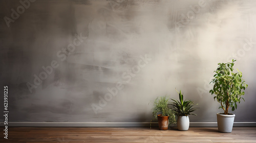 Interior of modern living room with plants in pots and grey grunge wall. created by generative AI technology.