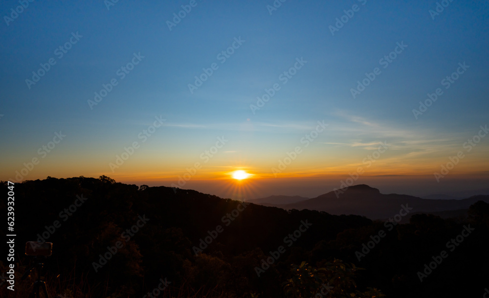 Scenic view of Mountains against sky during sunrise. Countryside landscape view background.