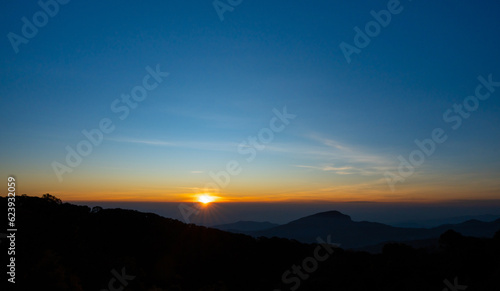 Scenic view of Mountains against sky during sunrise. Countryside landscape view background. © banphote