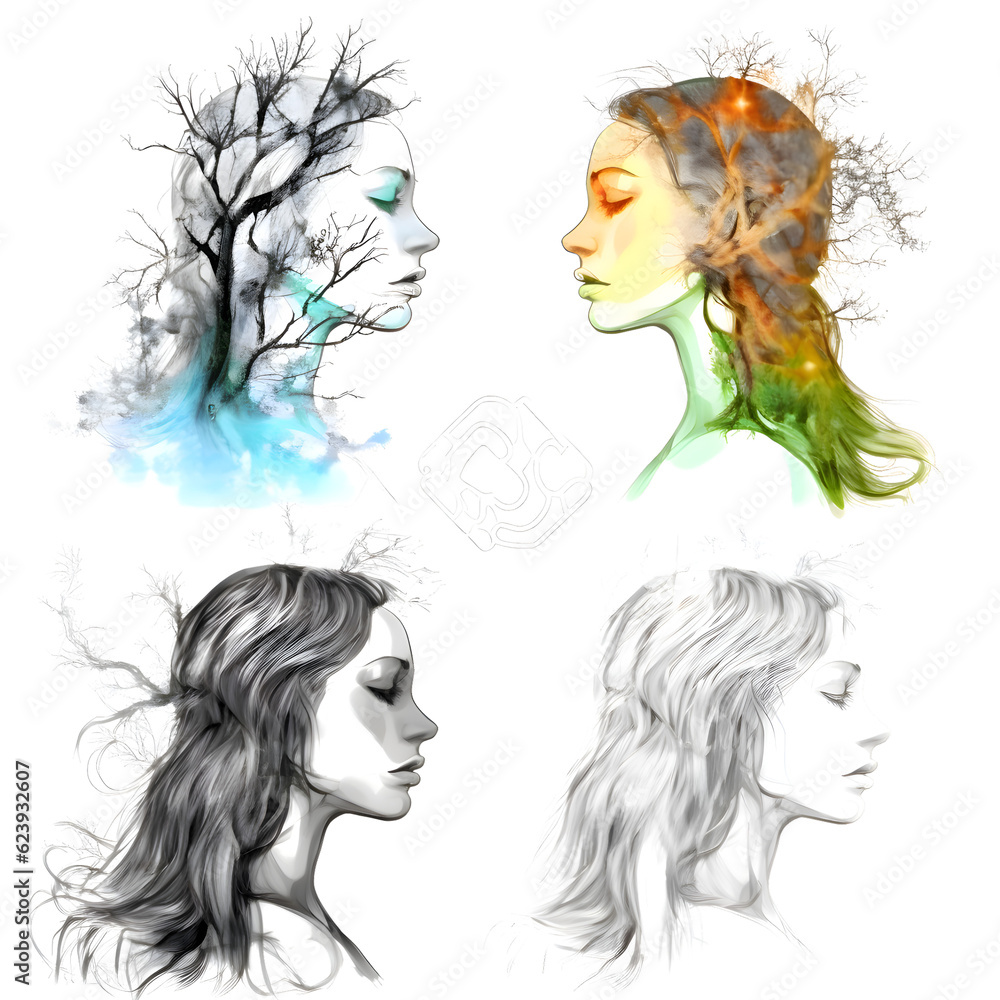 Vector illustration of a beautiful girl with long hair and smoke in her hair.