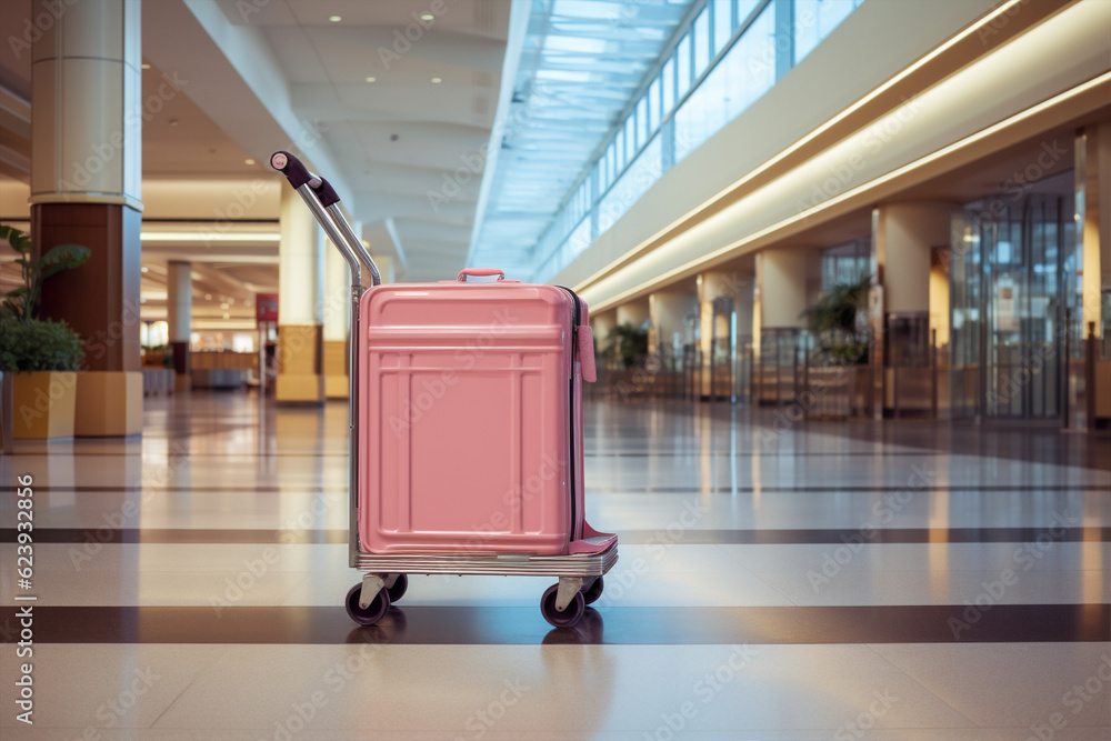 Suitcase departure aerodrome vacation trip traveler passenger pink arrival bag baggage business