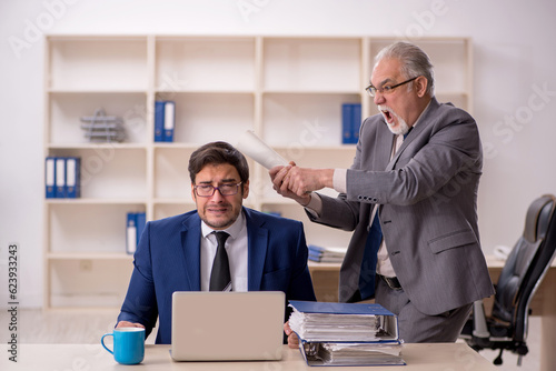 Old male boss and young male employee in the office