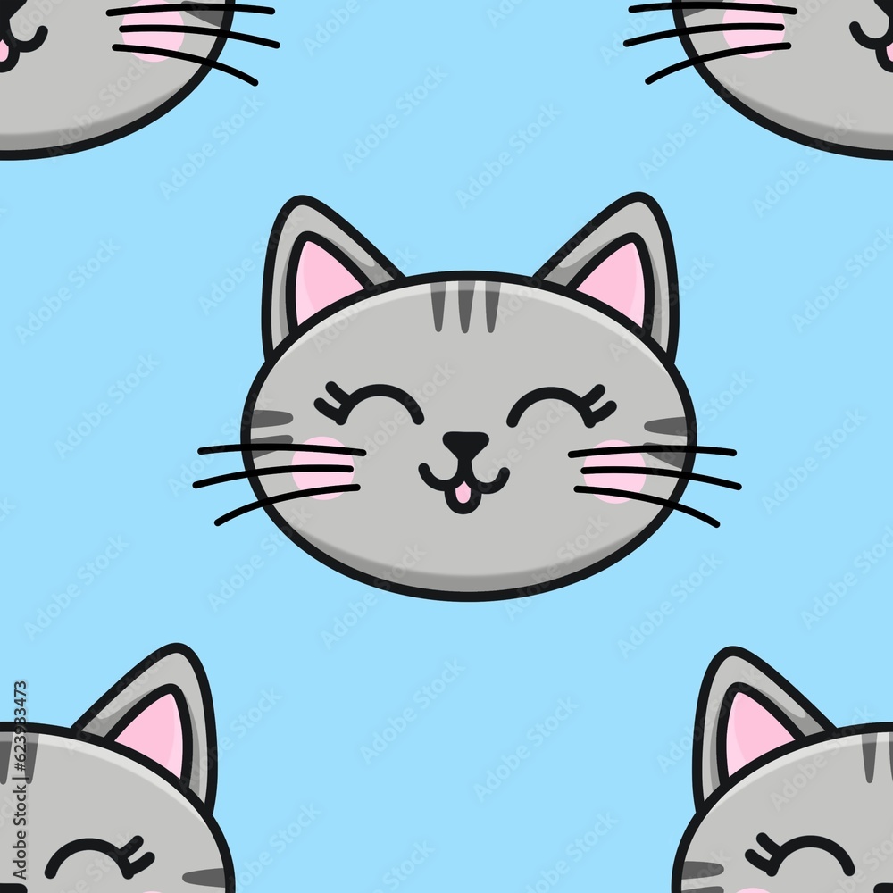 Gray cartoon cats on a blue background seamless pattern