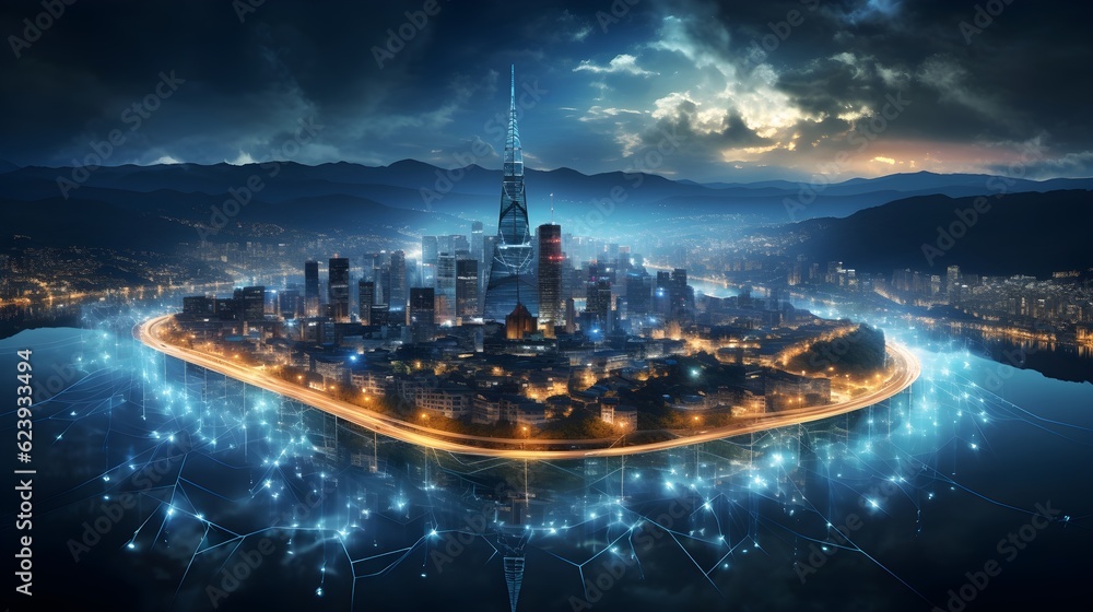 Fototapeta premium Connected Horizons: Modern Cityscape and Communication Network for Smart Cities