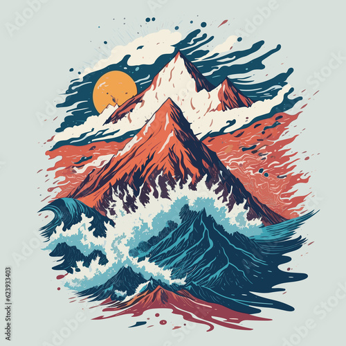 a mountain with waves coming out of it vector t shirt design