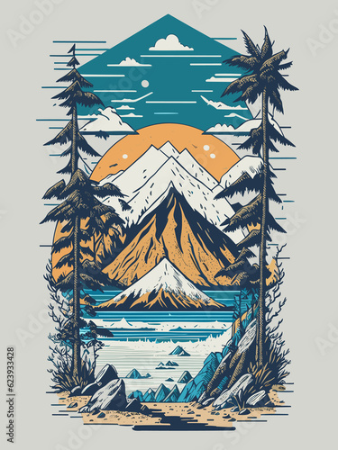 a mountain with palm trees vector illustration t-shirt design