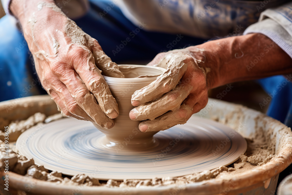 A potter shaping clay on a wheel, artisanal craftsmanship, with a focus on hands skillfully molding the material