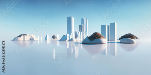 Modern City 3D render view. Minimalist modern architecture
