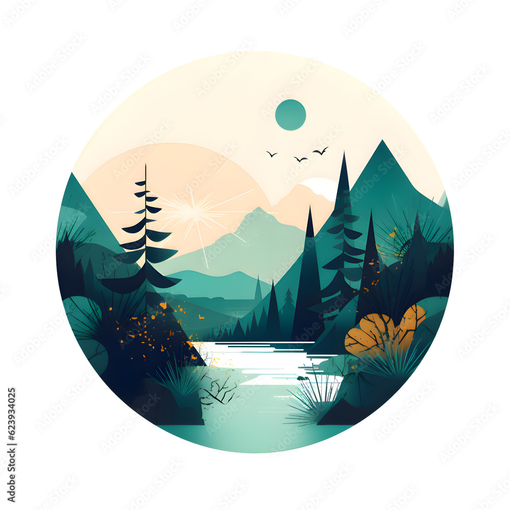 Mountain landscape with lake and forest in flat style. Vector illustration.