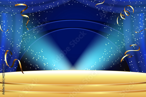 Golden stage background illuminated by spotlights