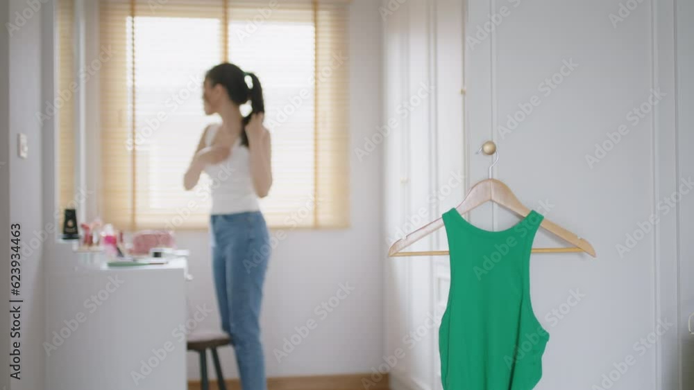 Young adult Gen Z girl asia people happy self-love of good natural beauty skin slim shape get dress at modern home vanity closet room. Self-care single lady relax mental health body care and self love Young adult Gen Z girl asia people happy self-love of good natural beauty skin slim shape get dress at modern home vanity closet room. Self-care single lady relax mental health body care and self love