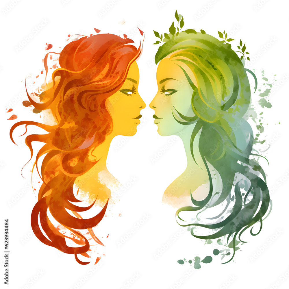 Illustration of two beautiful women in profile with colorful watercolor splashes
