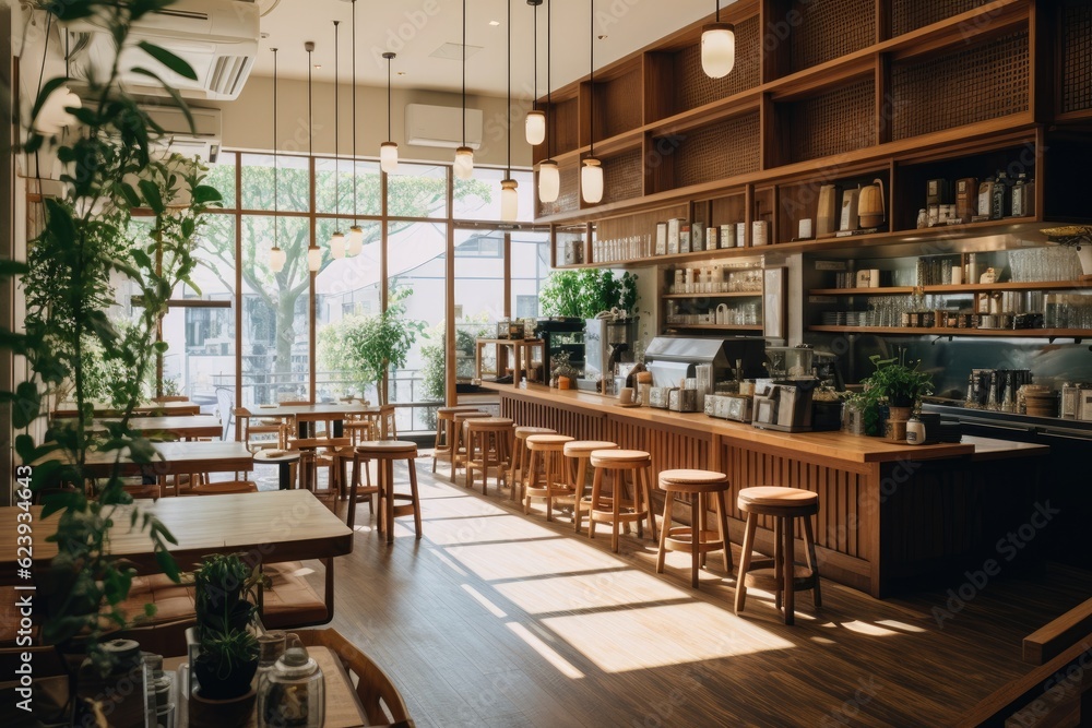 Fototapeta premium Cute Japanese café with wood floors giving a homey nostalgic feeling 
