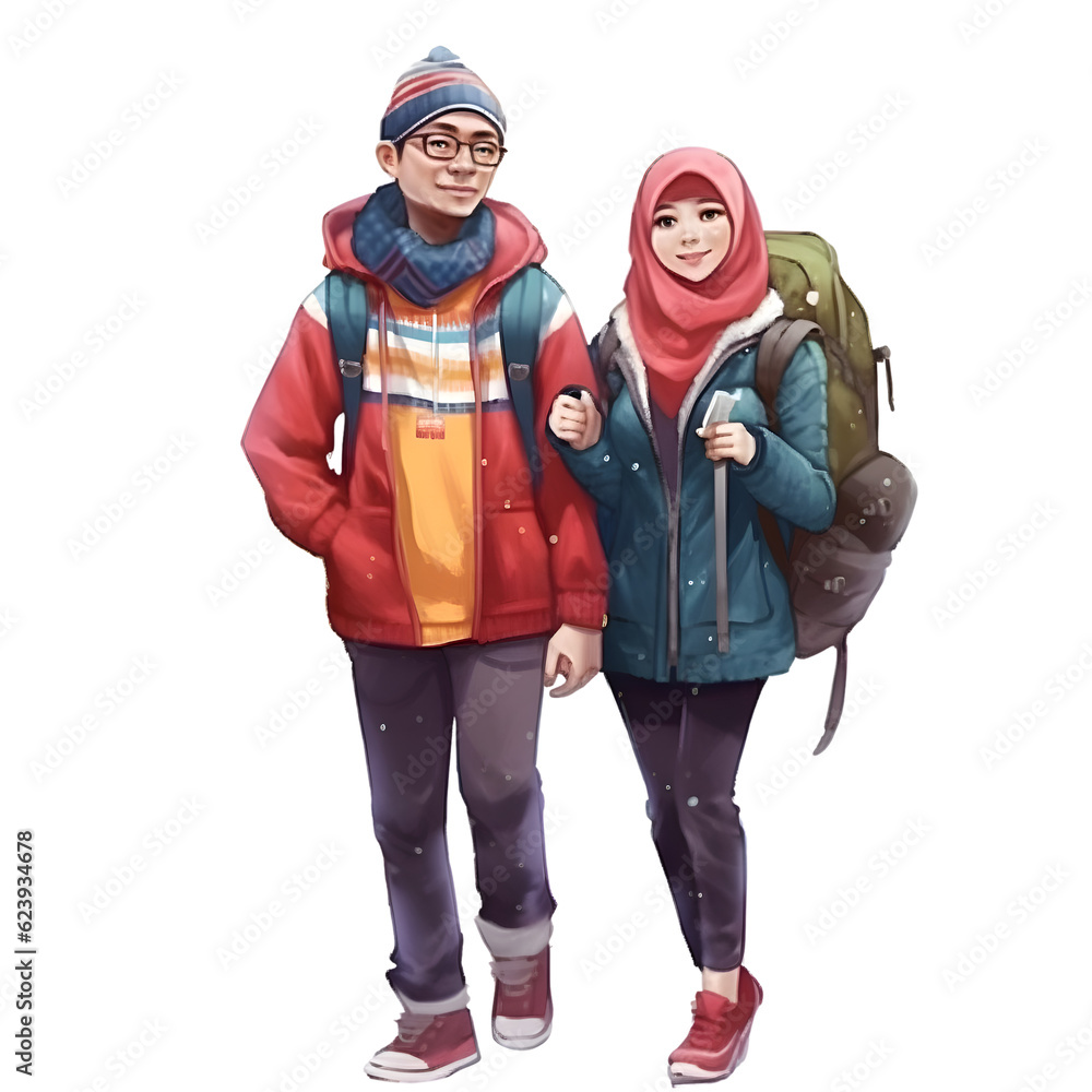 Young couple with backpacks hiking in the mountains. Vector illustration.