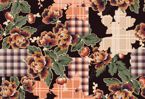 patchwork floral pattern with plaid elements and flower motifs. patchwork pattern for textil and decoration