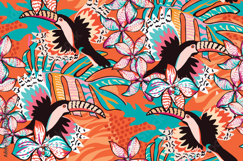 Fun tropical pattern with toucans  flowers and leaves  perfect for fashion fabrics and decoration