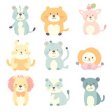 Cute cartoon animals set. Cute animals collection. Vector illustration