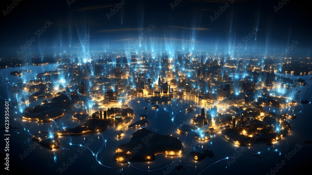 Connected World: Vector Illustration of Planet Earth, Flickering City Lights, and Global Communications