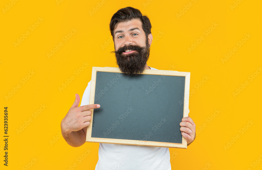 happy announcement man with offer isolated on yellow. announcement man with offer happy announcement man with offer isolated on yellow. announcement man with offer