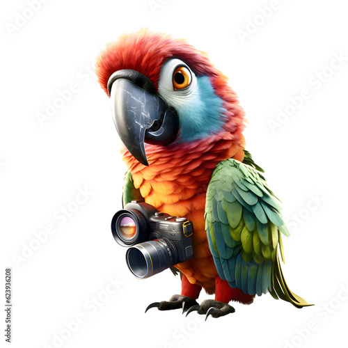 Parrot with a camera isolated on white background. 3d illustration.