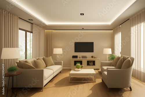 Modern villa living room design interior  beige furniture  bright walls  hardwood flooring  sofa  armchair with lamp. Concept of relax. 3d rendering.