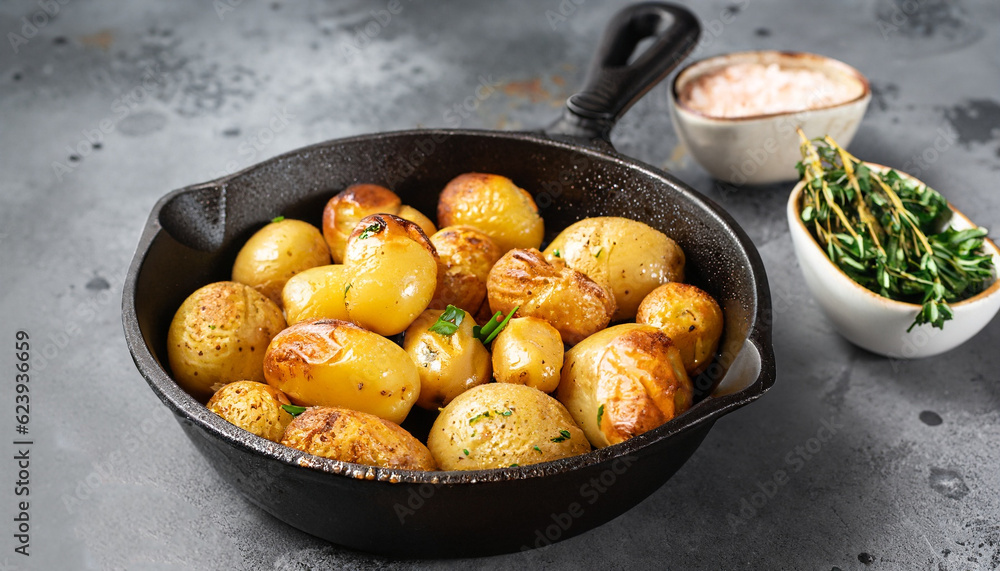 Roasted baby potatoes in iron skillet. Dark grey background. Close up. Roasted baby potatoes in iron skillet. Dark grey background. Close up.