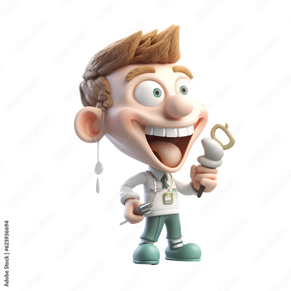 3D illustration of a cartoon character with a key in his mouth