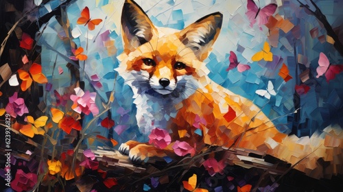 Vibrant fox portrait amidst colorful flowers, trees, and watercolor. Majestic mammal, no people. Generative AI © Virtual Art Studio