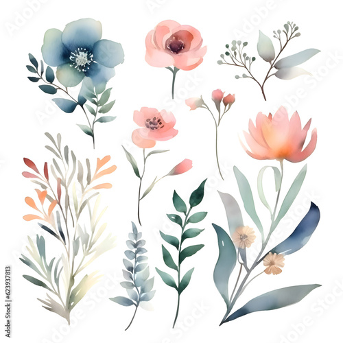 Set of watercolor flowers and leaves. Hand drawn vector illustration.