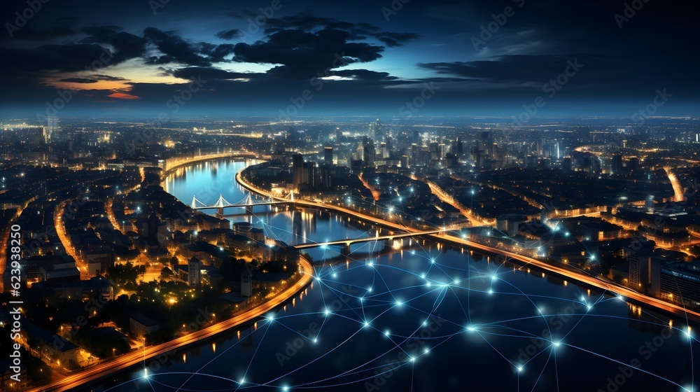 Fototapeta premium Nighttime Panorama: Wireless Network and Connection Technology Concept Background